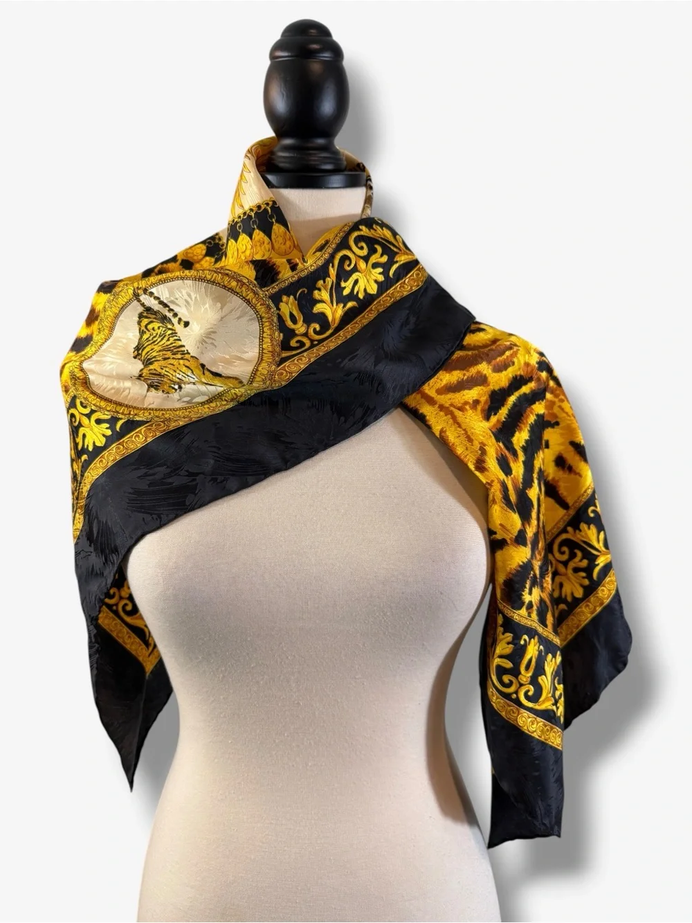 Vintage Tiger Baroque Silk Scarf 34” Giancarlo Milano Print Rolled Hem